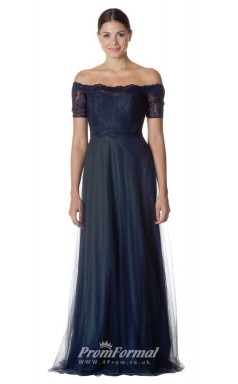 BDUK2262 A Line Navy Blue Lace Tulle Off the Shoulder Long Bridesmaid Dress