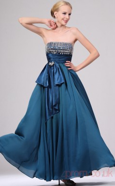 Ink Blue 100D Chiffon A-line Strapless Long Evening Dress-(BD04-454)