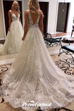 Sparkly Lace A Line Deep V-neck Open Back Wedding Dress BWD021
