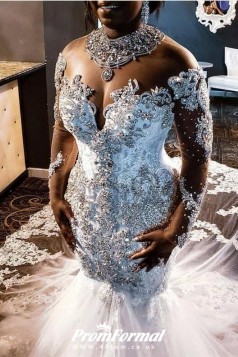 Luxury Crystal Beaded Long Sleeves Mermaid African Lebanon Plus Size Wedding Gowns BWD035