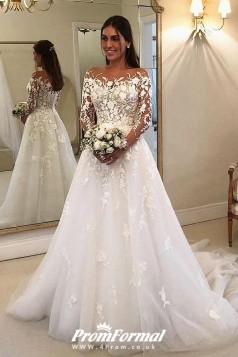 Flowy Long Sleeves A-line Bridal Gown with Floral Embroidery Lace BWD044