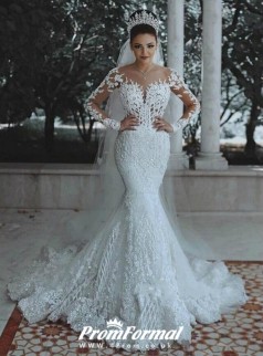 Luxury Fully Lined Long Sleeves Lace Beaded Mermaid Wedding Dress BWD063
