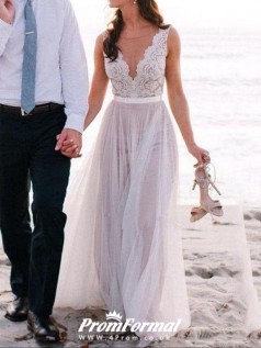 Simple A Line V Neck Flowy Lace Summer Beach Wedding Dress BWD084