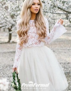 Simple Beach Lace Long Sleeve Short Two Piece Wedding Dress  BWD108