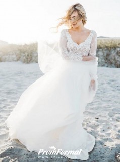 Long Sleeve Beach Lace Two Piece Wedding Dress BWD223