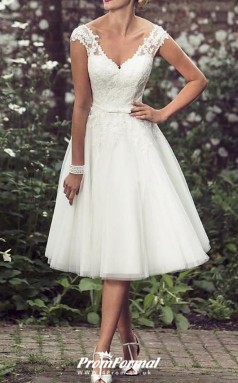 A-Line V Neck Tea Length Lace Tulle Vintage Beading Wedding Dress BWD230