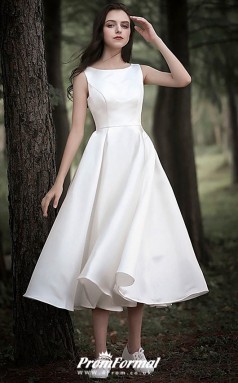 Country Tea Length Cap Sleeve Simple Casual Little White Dress Gardern Wedding BWD239