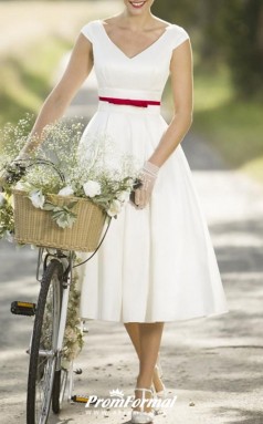 Rockabilly V Neck Tea Length Country Cap Sleeve Vintage Wedding Dress BWD242