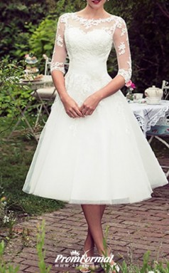 Tea Length Lace Tulle Half Sleeve Vintage Rockabilly 50s Wedding Dress BWD243