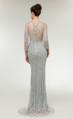 Mermaid Silver Tulle Bateau Neck 3/4 Length Sleeve Long Prom Dresses XH-C0004