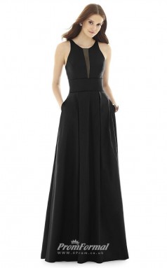 DASUKD733 Plus Sides A Line Jewel Black Satin With Open Back Bridesmaid Dresses