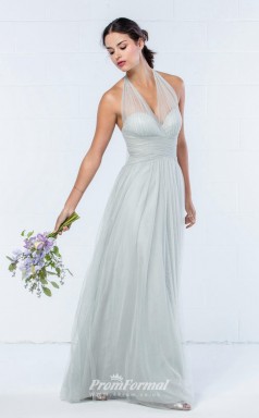 DASUKWO340 Plus Sides A Line V Neck Light Sky Blue 65 Tulle With Low Back Bridesmaid Dresses