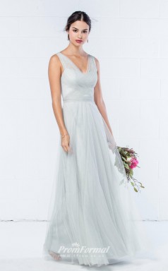 DASUKWO343 Plus Sides A Line V Neck Light Sky Blue 65 Tulle With Strappy Bridesmaid Dresses