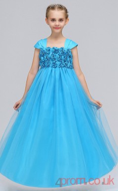 Turquoise Satin,Tulle Princess Square Short Sleeve Floor-length Children's Prom Dresses(FGD246)