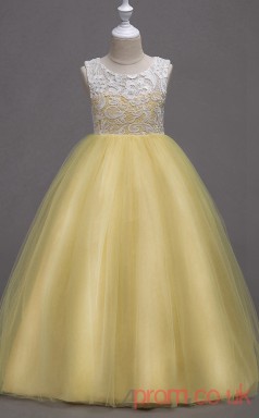 Champange Lace,Tulle Ball Gown Jewel Floor-length Children's Prom Dresses(FGD258)