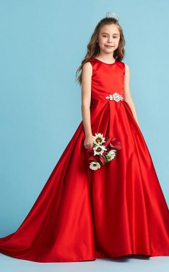 Red Satin Junior Prom Dress Flower Girl Dress with Bows JFGD013