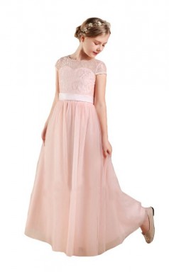 Pink Lace Chiffon Cap Sleeved Child Bridesmaid Dress Flower Girl Dress JFGD015