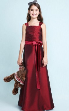 Burgundy Satin Junior Bridesmaid Dress Flower Girl Dress with Sashes JFGD020