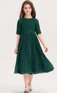 Dark Green Lace Chiffon Tea Length Child Bridesmaid Dress Flower Girl Dress JFGD075