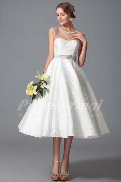 A-line Illusion Tea-length White Lace Bridal Evening Gown (PRJT04-1812)