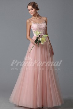 A-line Illusion Long Blushing Pink Lace , Tulle Prom Dresses(PRJT04-1841)