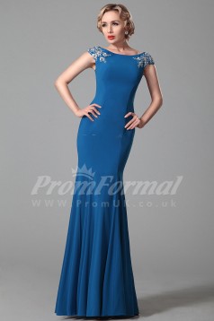 Mermaid Bateau Short Sleeve Long Light Royal Blue Satin Chiffon Prom Dresses(PRJT04-1843)