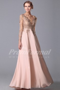 A-line V-neck 3/4 Length Sleeve Long Pearl Pink Satin Chiffon Prom Dresses(PRJT04-1845)