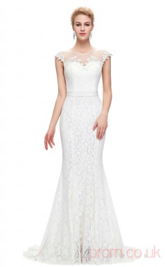 Mermaid Illusion Long Ivory Lace Prom Dresses with Short Sleeves (PRJT04-1960)