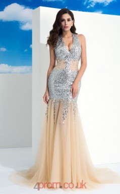 Champagne Tulle , Sequined Trumpet/Mermaid V-neck Sweep Train Evening Dress(JT2489)