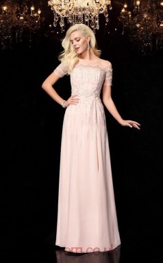 Blushing Pink Chiffon Illusion Short Sleeve Floor-length A-line Prom Dress(JT2550)