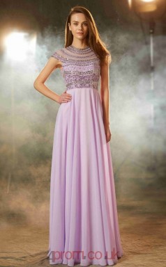 Lilac Chiffon Jewel Short Sleeve Floor-length A-line Prom Dress(JT2600)