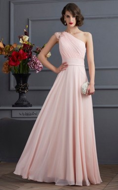 Pearl Pink Chiffon A-line One Shoulder Short Sleeve Floor-length Prom Formal Dresses(JT2807)