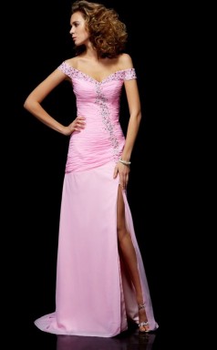 Pink Chiffon Sheath/Column Off The Shoulder Short Sleeve Floor-length Bridesmaid Dresses(JT2850)