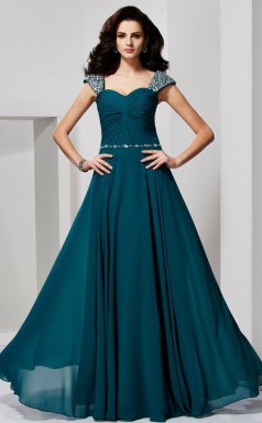 Ink Blue Chiffon A-line Sweetheart Short Sleeve Floor-length Prom Formal Dresses(JT2856)