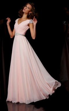 Blushing Pink Chiffon A-line v-neck Short Sleeve Floor-length Clearance Prom Dresses(JT2872)
