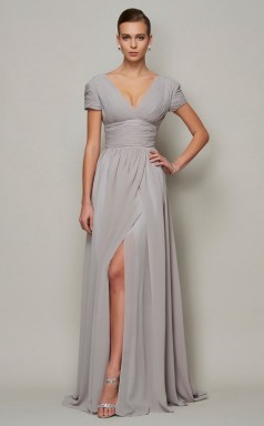 Gold Chiffon A-line v-neck Short Sleeve Floor-length Clearance Prom Dresses(JT2896)