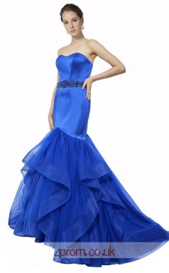 Blue Satin ,Organza Tulle Mermaid Sweetheart Long Prom Dress(JT3589)