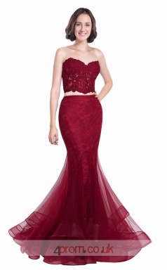 Dark Burgundy Lace Tulle Mermaid Sweetheart Long Two Piece Prom Dress(JT3591)