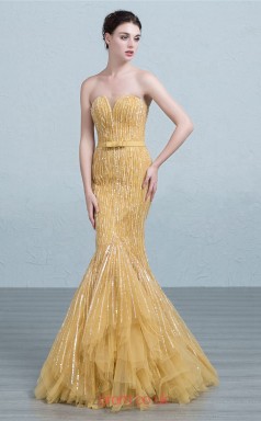 Gold Tulle Mermaid Sweetheart Floor Length Prom Dress(JT3681)