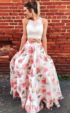 Multipatterned Tulle Lace Jewel A-line Floor-length Two Piece Prom Dress(JT3707)