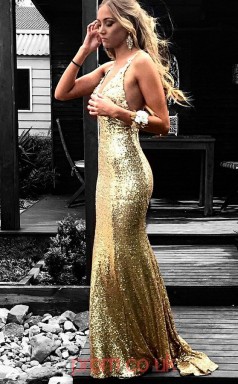 Gold Sequined Halter V-neck Trumpet/Mermaid Long Celebrity Dress(JT3728)