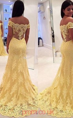 Yellow Lace Off The Shoulder Short Sleeve Trumpet/Mermaid Long Celebrity Dress(JT3739)