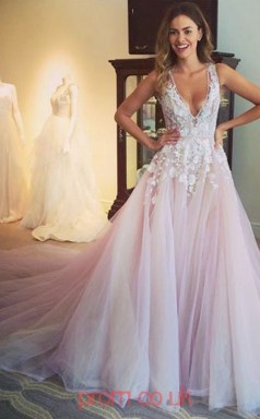 Blushing Pink Lace Tulle V-neck Princess Court Train Sex Prom Dress(JT3740)