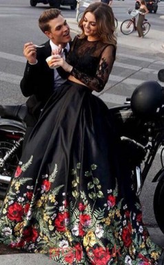Black Lace Satin Illusion Long Sleeve Ball Gown Long Two Piece Prom Dress(JT3754)