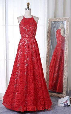 Red Lace Halter A-line Long Celebrity Dress(JT3765)