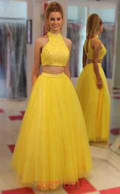 Yellow Tulle A-line Halter Floor-length Two Piece Prom Dress(JT3814)