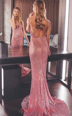 Pink Sequined Trumpet/Mermaid V-neck Sweep Train Sex Prom Dress(JT3834)