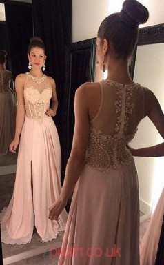 Pearl Pink Lace Chiffon A-line Halter Long Prom Dresses(JT3944)