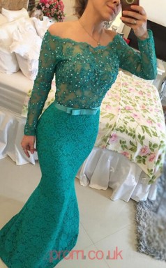 Turquoise Lace Trumpet/Mermaid Off The Shoulder Long Sleeve Floor-length Prom Dresses(JT3965)