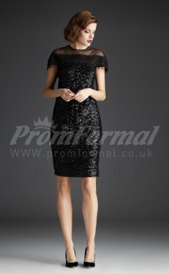 Black Sequined Sheath Off The Shoulder Short/Mini With Sleeves Cocktail Dresses(PRJT04-0474)
